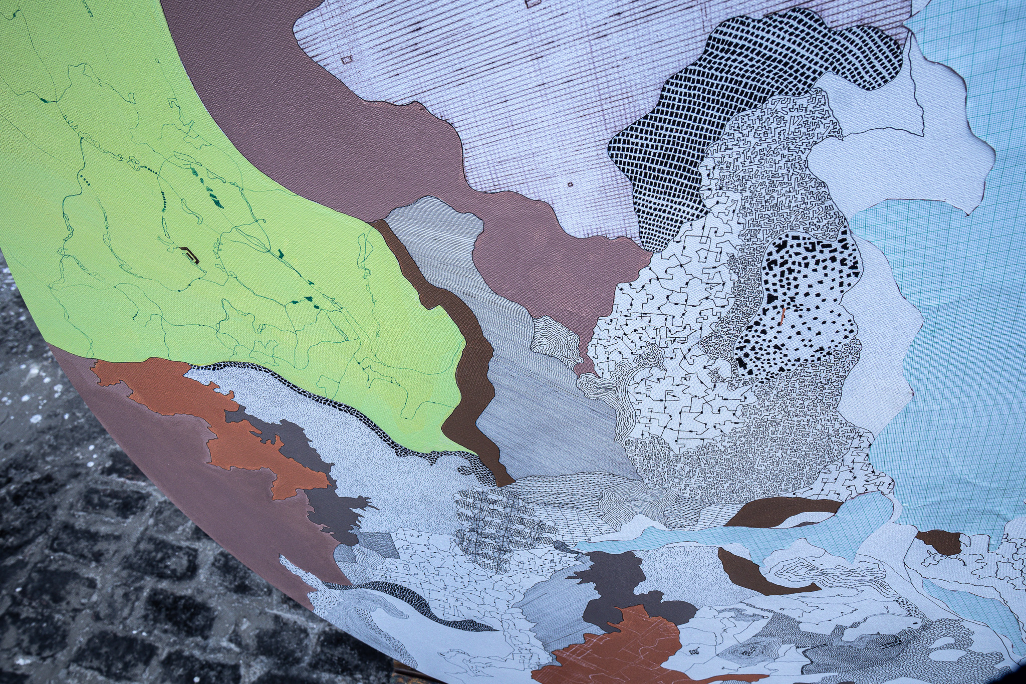 Close-up of fine map-like lines and coloured fragments