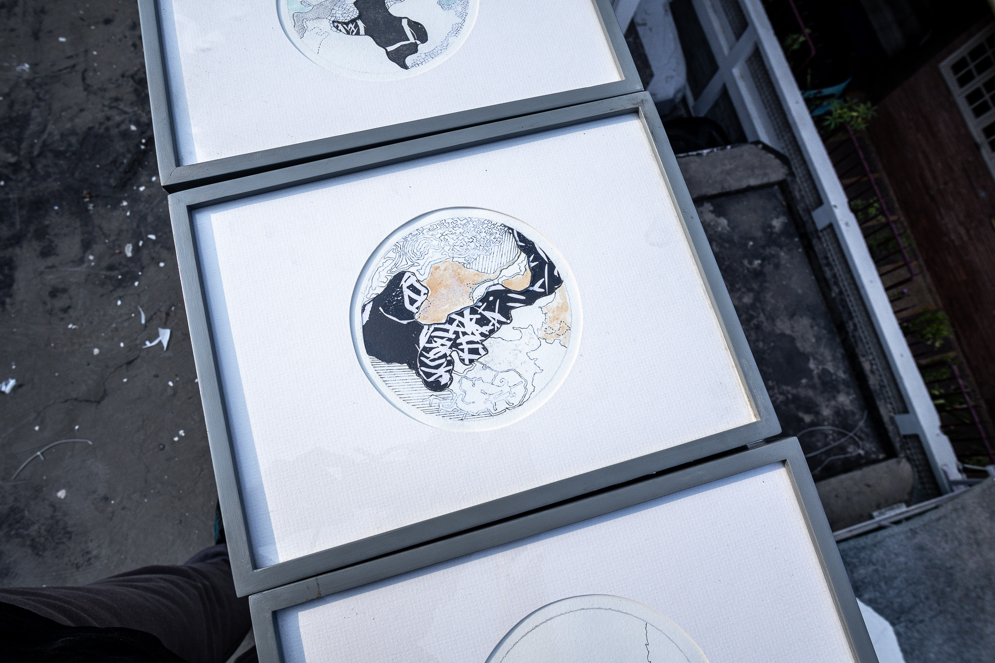 Framed monochrome circular studies photographed together